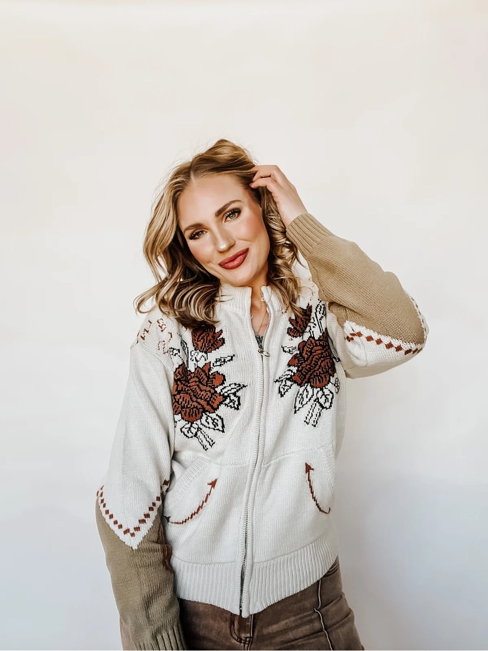 Rodeo Quincy Jenkins Western Cardigan Sweater Brown Floral Knit Jacket Zip Up L
